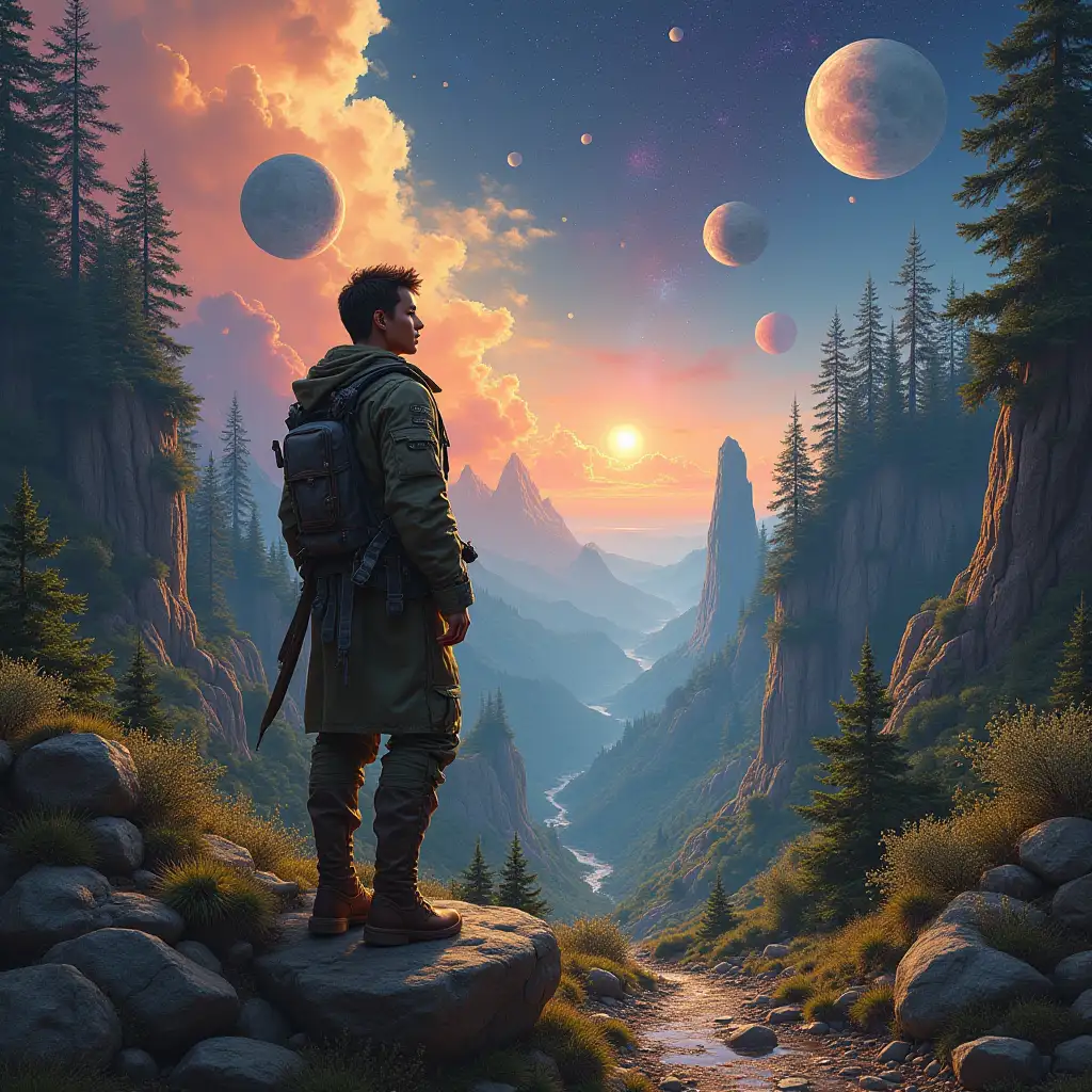 Hyperrealistic portrait of a multiverse time traveler and various foreign beings The elaborately detailed, colorful forested planets in the background