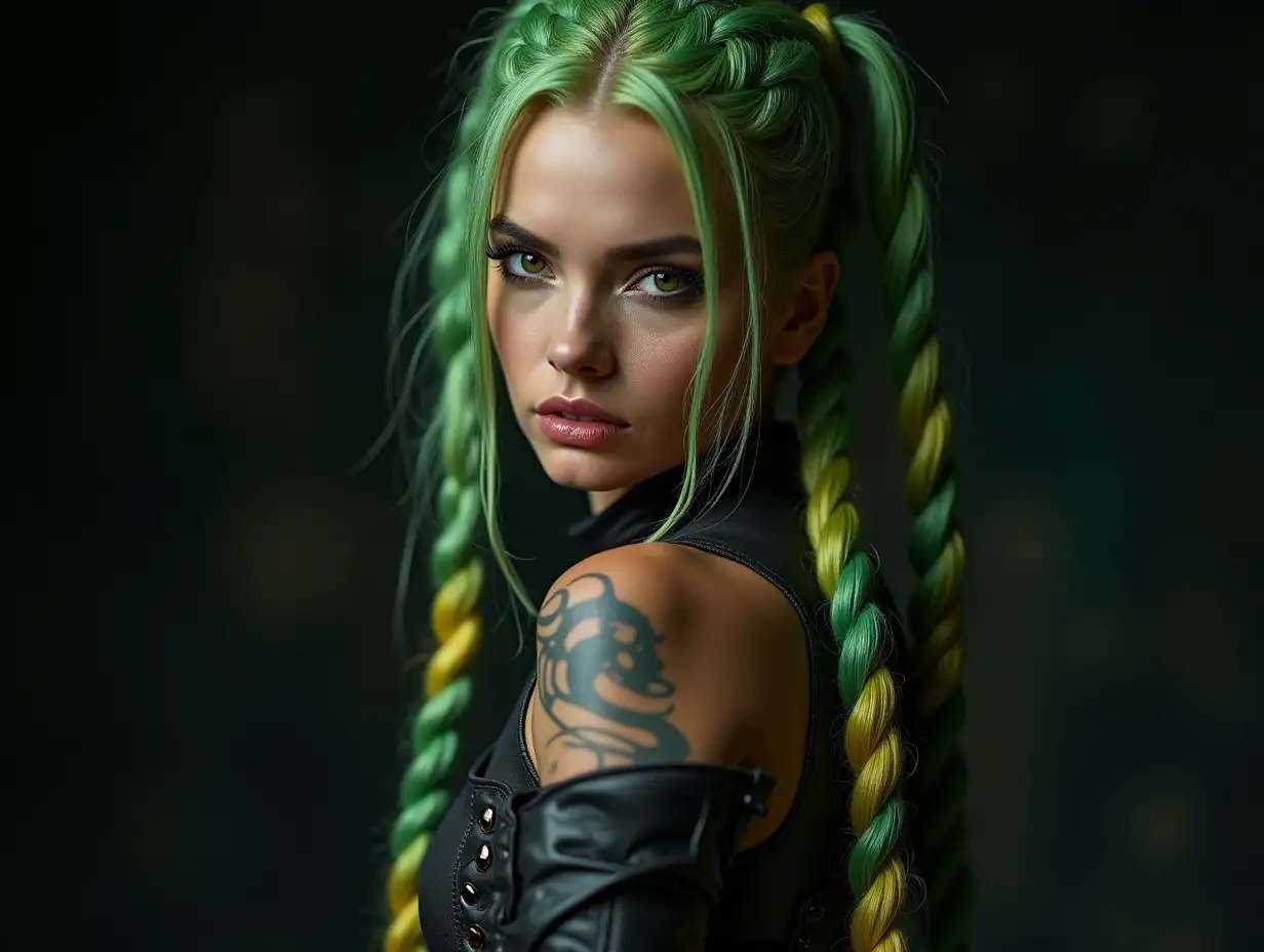 Depiction of a beautiful white woman with -tattoo, long mixed green-yellow braided hair in a futuristic style and laced boots, Blurry black background (120mm) shot poster