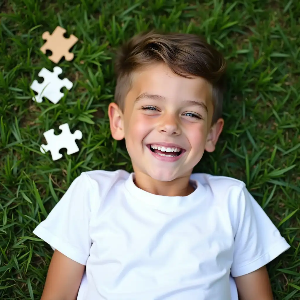 A 13-year-old boy with autism, wearing a white T-shirt, lying on the green grass with several puzzle pieces beside him, laughing happily, showing half of his body, real shot, delicate,