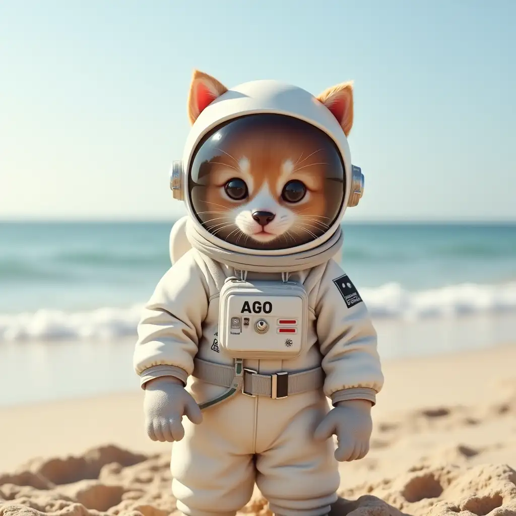 puppy cat in a astronaut suit on a beach