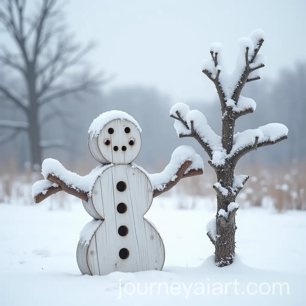 Wooden-Snowman-by-Snowy-Tree-in-Foggy-Winter-Landscape