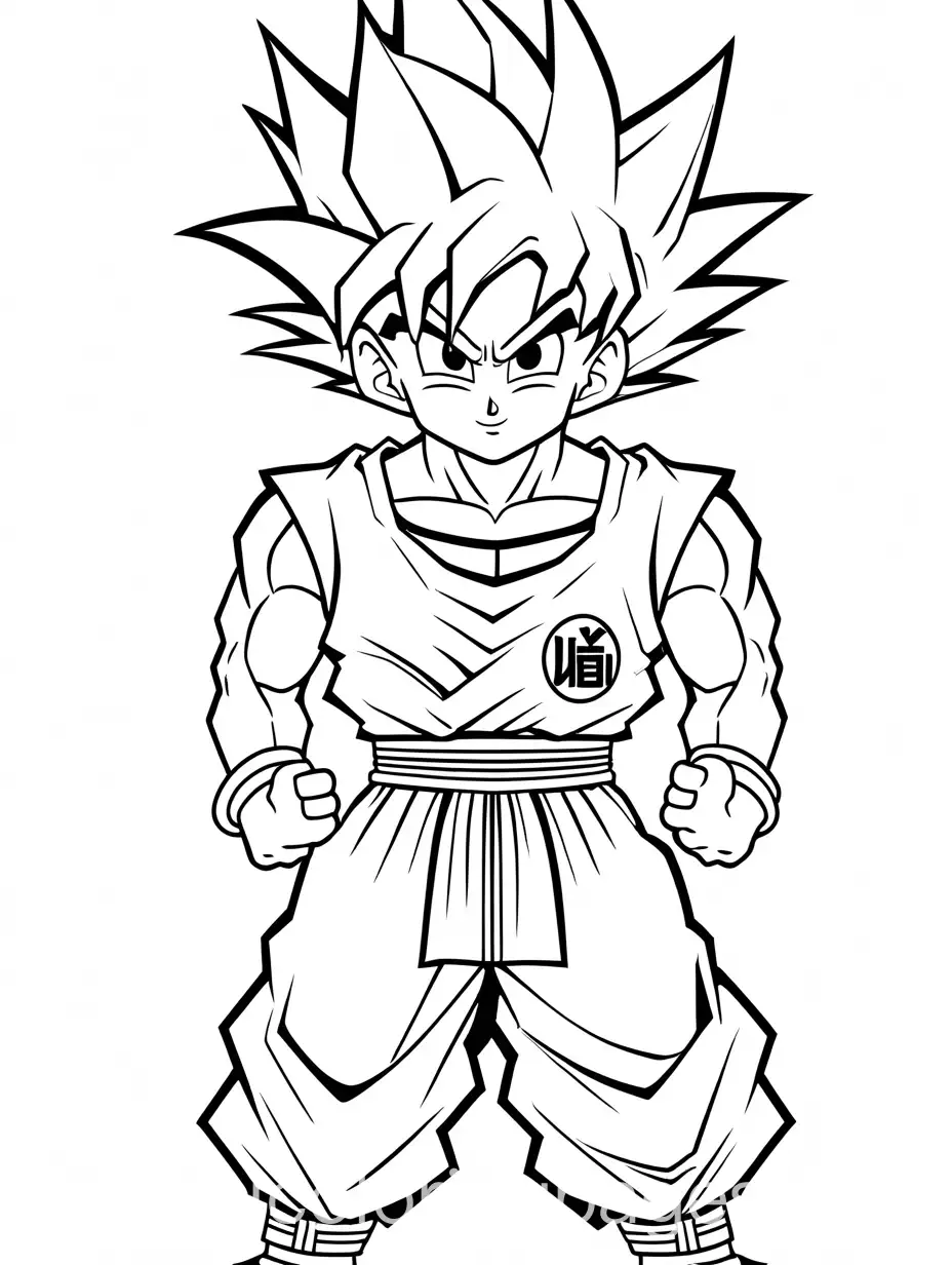 Goku, Coloring Page, black and white, line art, white background, Simplicity, Ample White Space. The background of the coloring page is plain white to make it easy for young children to color within the lines. The outlines of all the subjects are easy to distinguish, making it simple for kids to color without too much difficulty