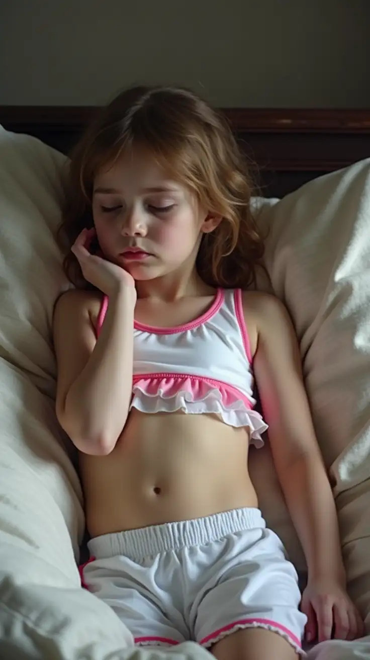 A caucassian girl age 10 is sleeping on a couch wearing a white swimwear crop top with pink trim edge details. She looks fragile and weak. White ruffle school socks look realistic.