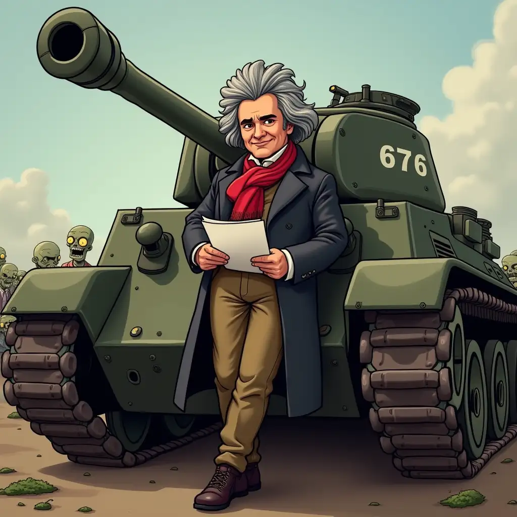 Beethoven-in-Formal-Attire-Leaning-Against-Tank-with-Zombies-in-Cartoonish-Style