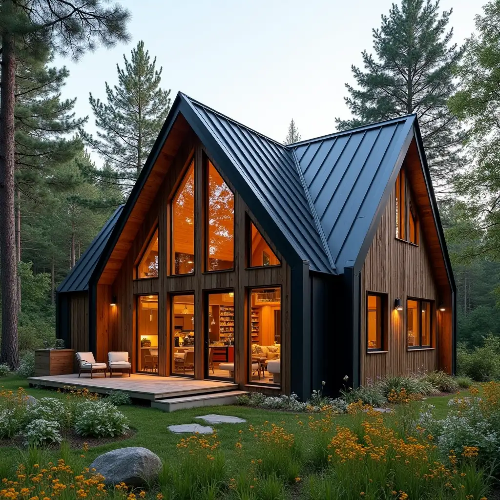 charming tiriangle house clad in wooden black metals and topped with trapezoidal black metal roofing. Huge windows line the sides, flooding the interior with natural light, creating a cozy and inviting atmosphere. The house sits on a serene, wooded lot, surrounded by tall trees and vibrant wildflowers