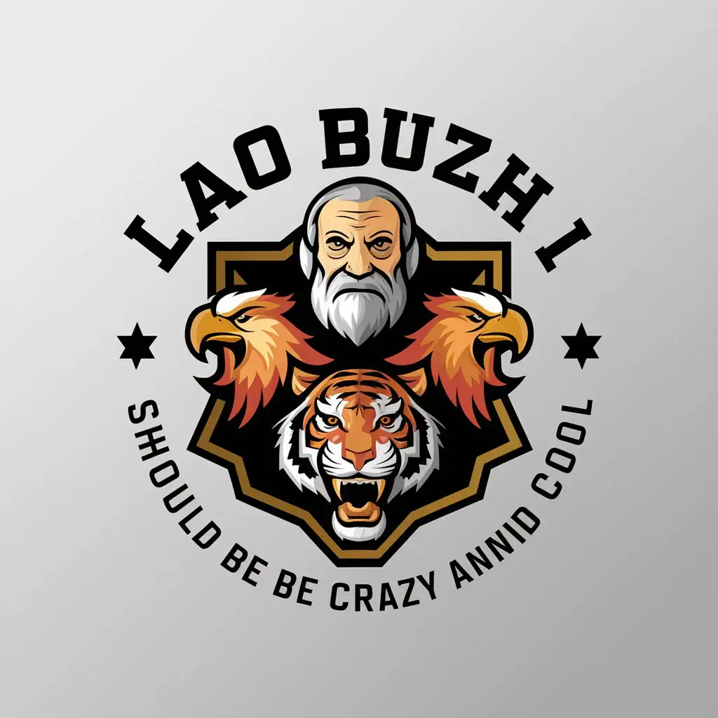 LOGO-Design-for-Lao-Buzhi-ESports-Crazy-and-Cool-with-Old-Man-Eagle-and-Tiger-Themes