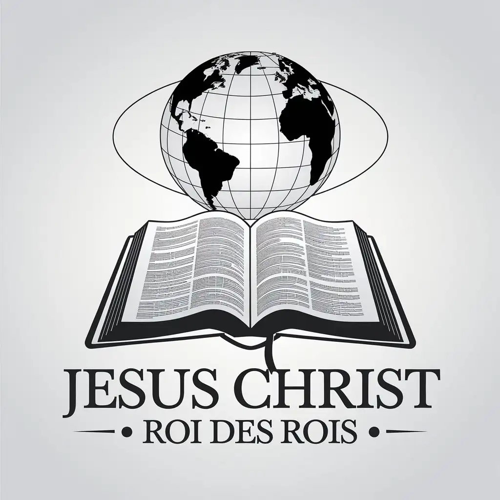 LOGO Design for JESUS CHRIST ROI DES ROIS Globe and Open Book with Ribbon Bookmark on Black Background