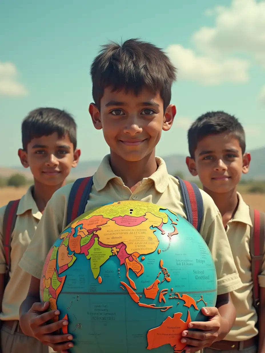 Indian school boys standing behind the globe, Digital realism style.