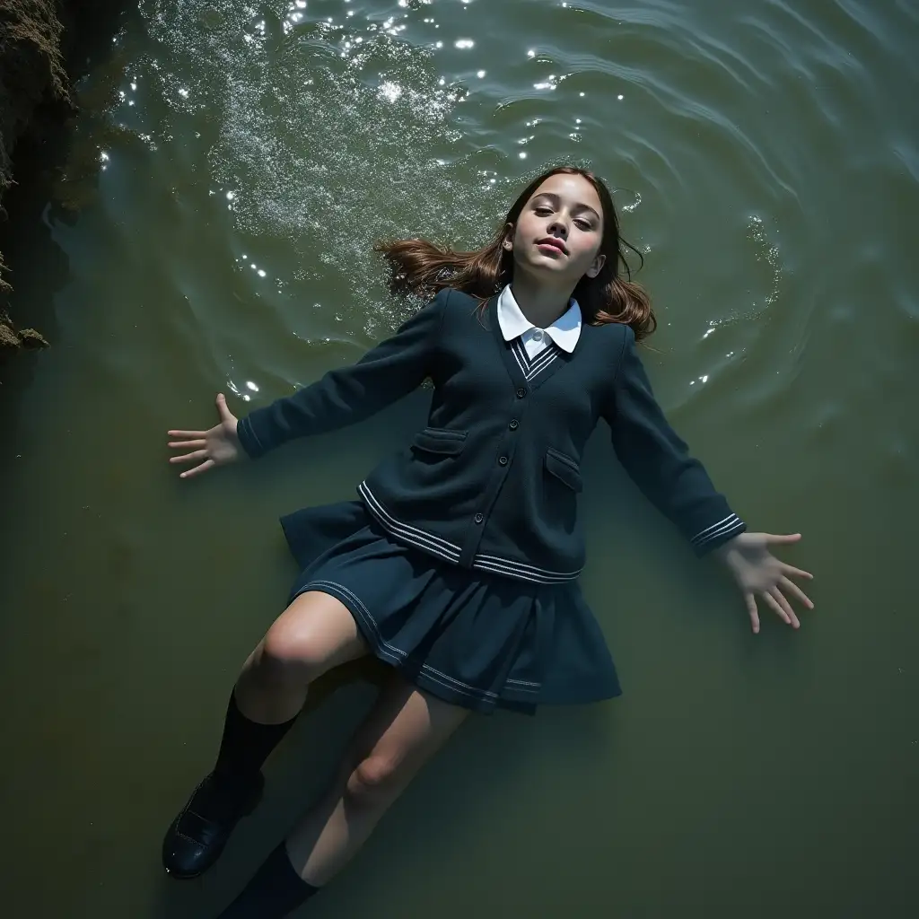 A young schoolgirl in a school uniform, with a skirt, jacket, blouse, dark tights, high heels. She is swimming in a dirty pond, lying underwater, fully wet clothes stick to her body, the whole body is under water, submerged in water, under the water surface, below the water line.