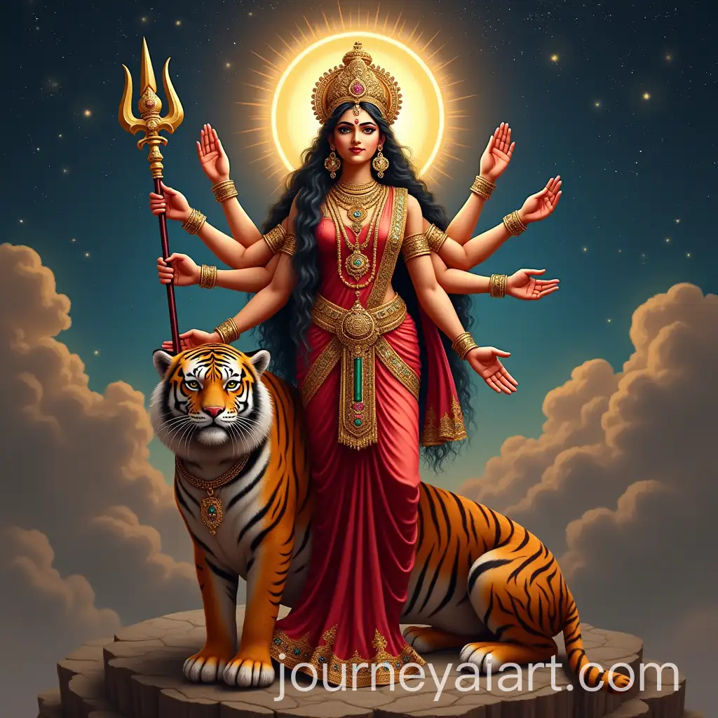 Majestic-Goddess-Durga-with-Tiger-in-Celestial-Setting
