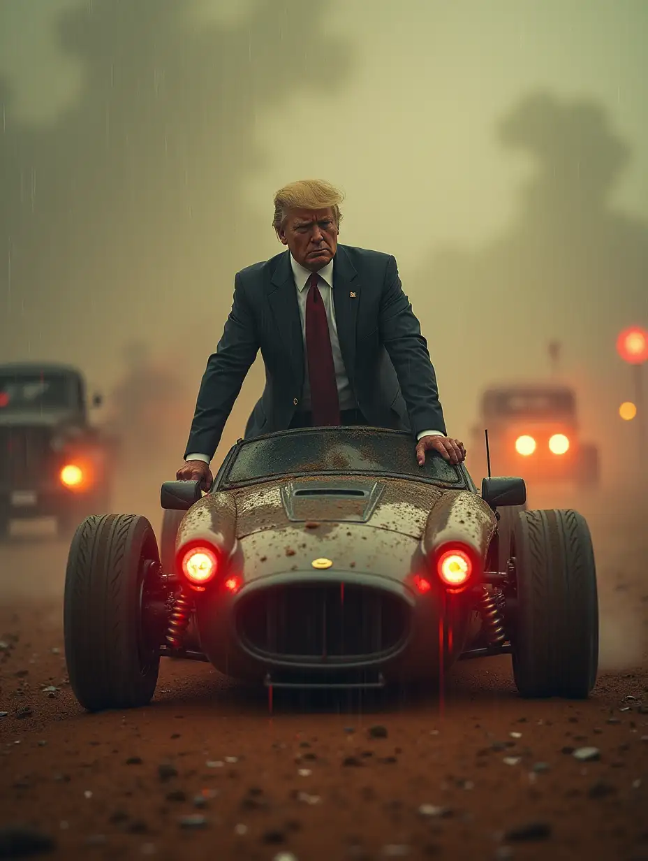 Elon Musk and donald trump, Scene   rain, beautiful, epic, depth of field, dramatic lighting, realstic, hyperrealistic, extremely detailed, intricate sharp details, photorealistic, horror, otherworld, fog, evil town of a movie poster titled [‘Sad World: Fury DT’], [Mad Max] poster, featuring [a zombie Donald trump in a post-apocalyptic desert, with a customized car made with elon musk wheels], in the background, [a wasteland with other zombie vehicle chases], movie title in [a gritty, bold font, dusty and intense dark and moody color palette] [Return of the Living dead].