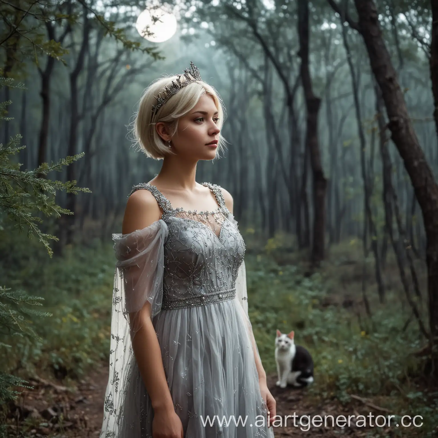 Blonde-Girl-in-Crown-and-Elegant-Dress-Gazing-at-Forest-and-Moon-with-Gray-Cat