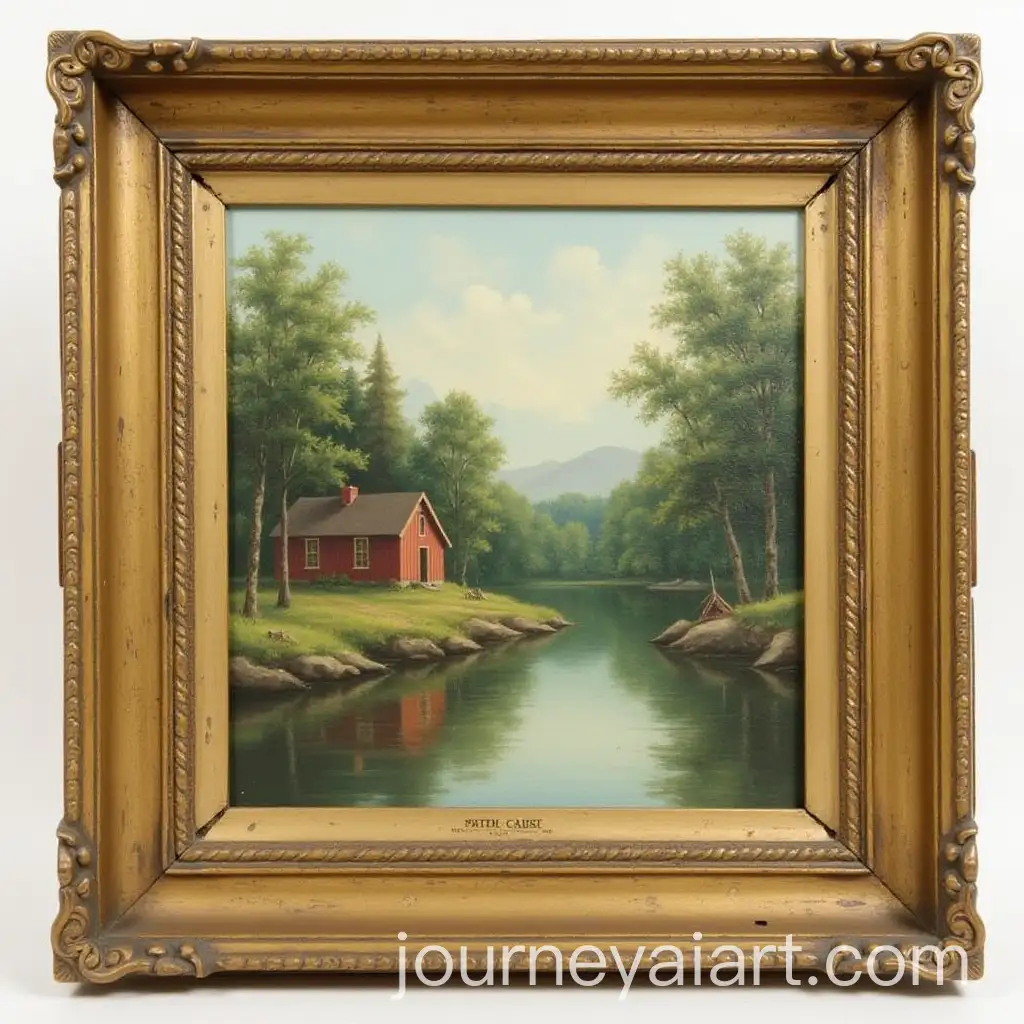 Framed-Vintage-Oil-Painting-of-a-Small-Cabin-by-a-Lake-and-Woods