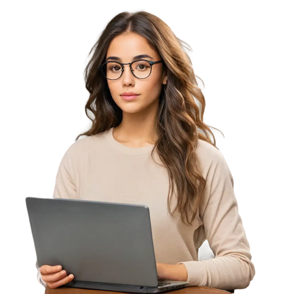 HighResolution-PNG-Image-of-a-Stylish-Western-Girl-with-Round-Glasses-Working-on-Laptop