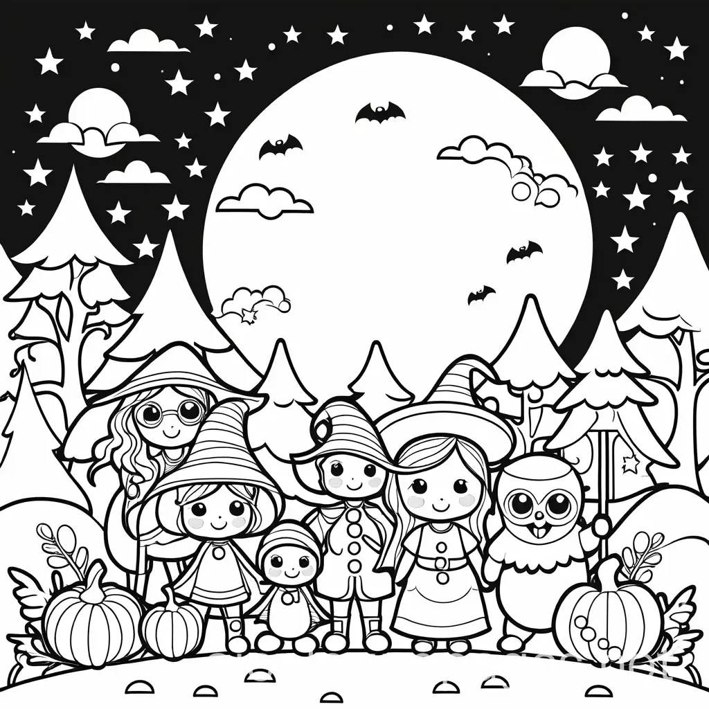 Cute-Monster-Family-Halloween-Coloring-Page-with-Full-Moon