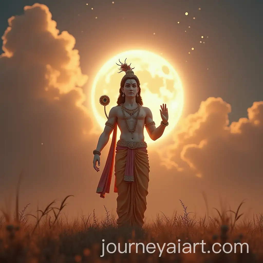 Krishna-Bhagwan-Standing-on-a-Battlefield-Surrounded-by-Brown-Clouds