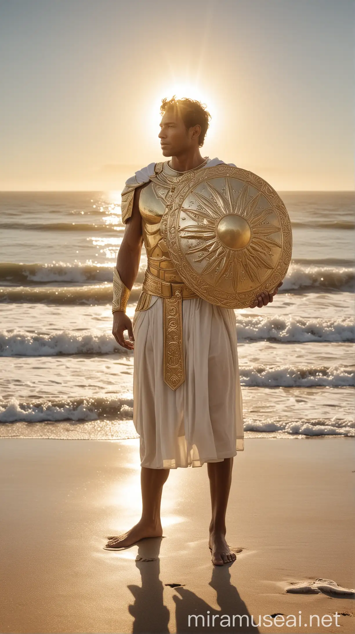 Radiant Figure in Gold and White with SunShaped Shield on Beach