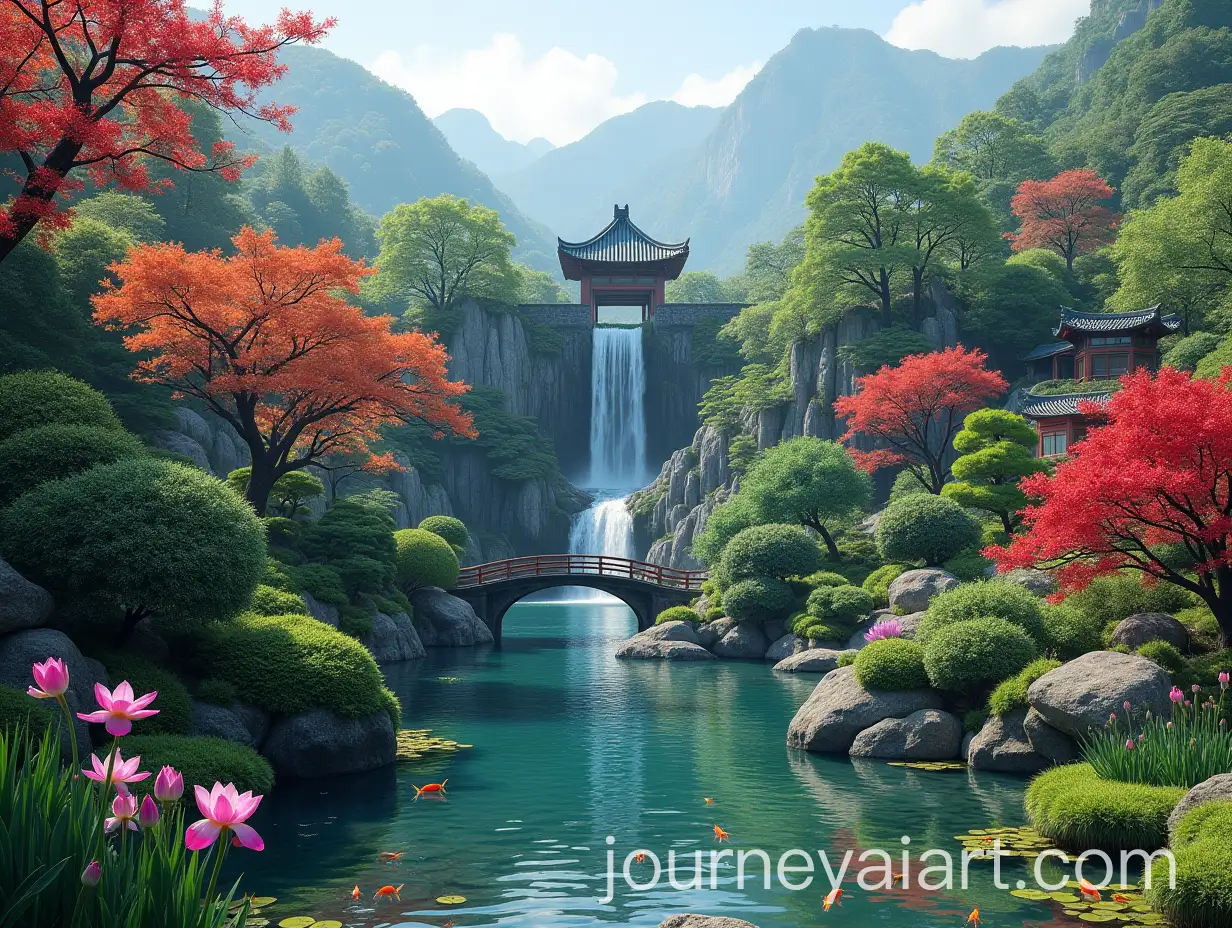 Serene-Japanese-Garden-with-Waterfall-and-Koi-Pond-in-Mountain-Landscape