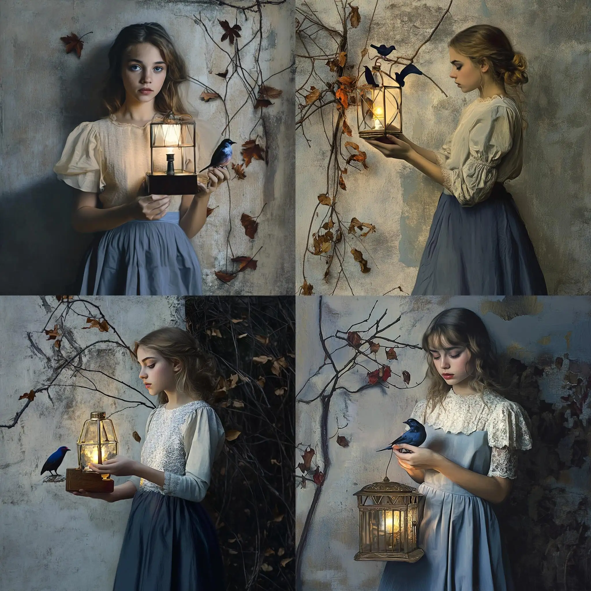 Girl-with-Lamp-in-Old-Wall-Setting-with-Fallen-Branches-and-Dry-Leaves