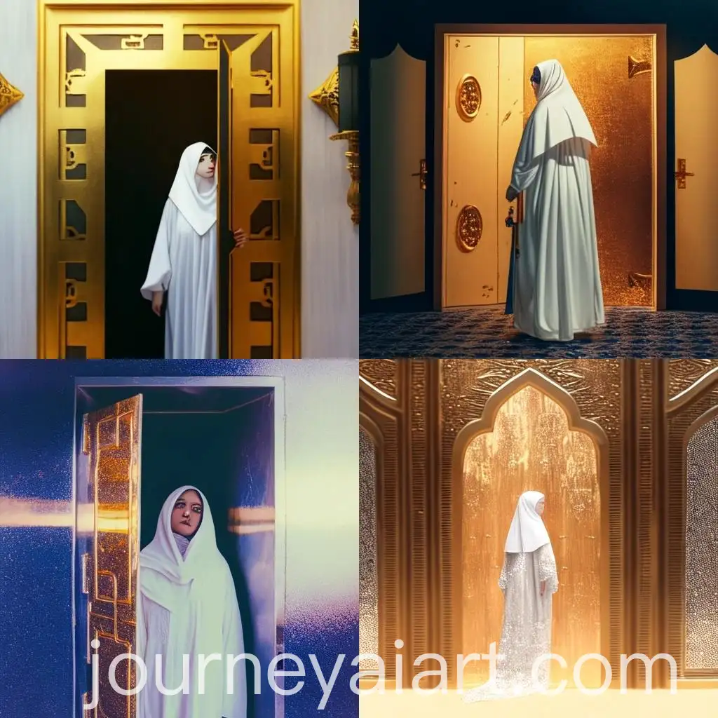 Solemn-Muse-in-White-Abaya-with-Chained-Door-Surreal-Digital-Art