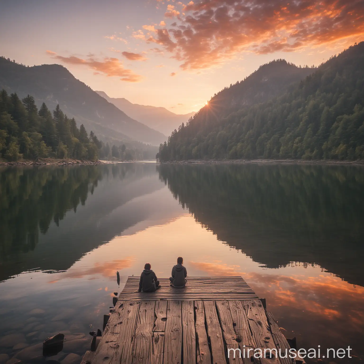 Tranquil Morning by the Lake with Person on Wooden Dock