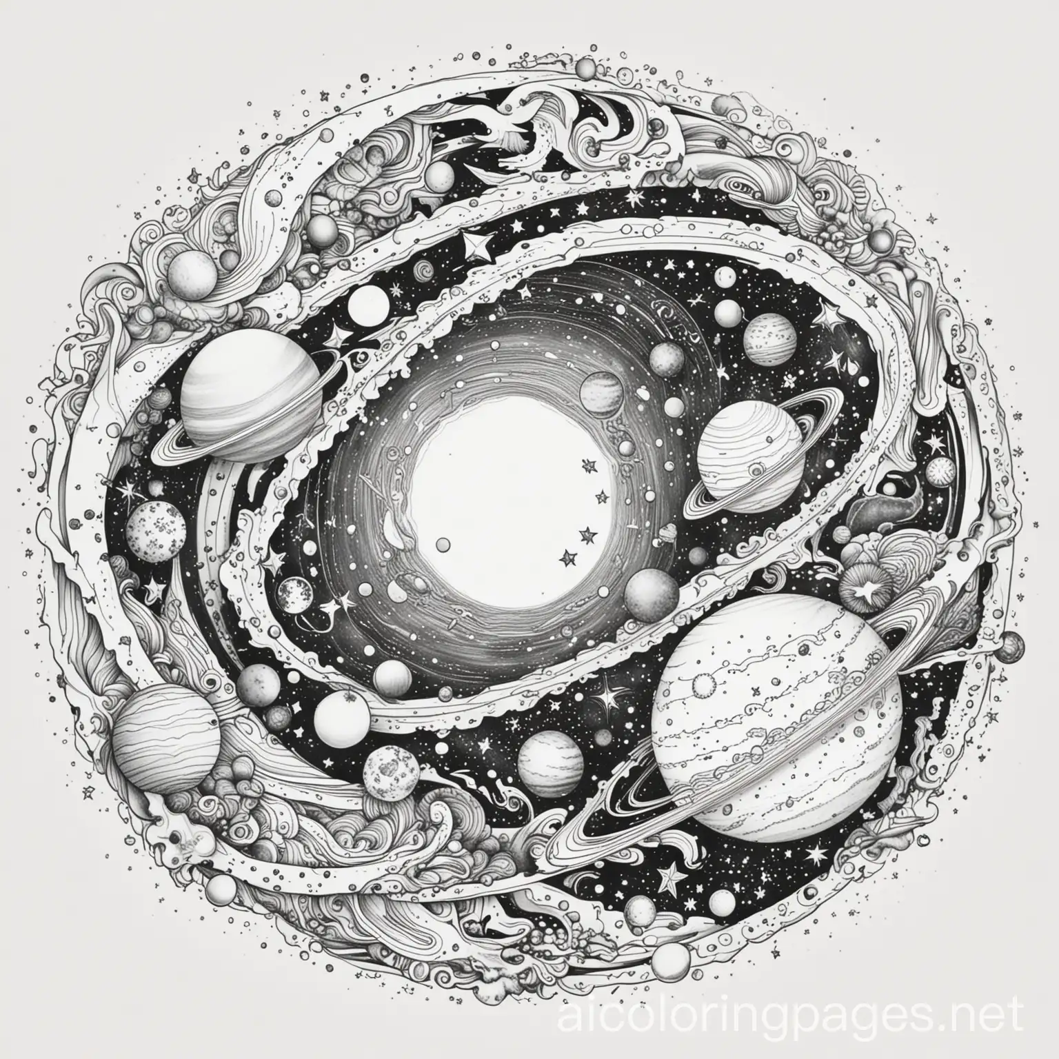 A cosmic design with stars, planets, and swirling galaxies., Coloring Page, black and white, line art, white background, Simplicity, Ample White Space. The background of the coloring page is plain white to make it easy for young children to color within the lines. The outlines of all the subjects are easy to distinguish, making it simple for kids to color without too much difficulty