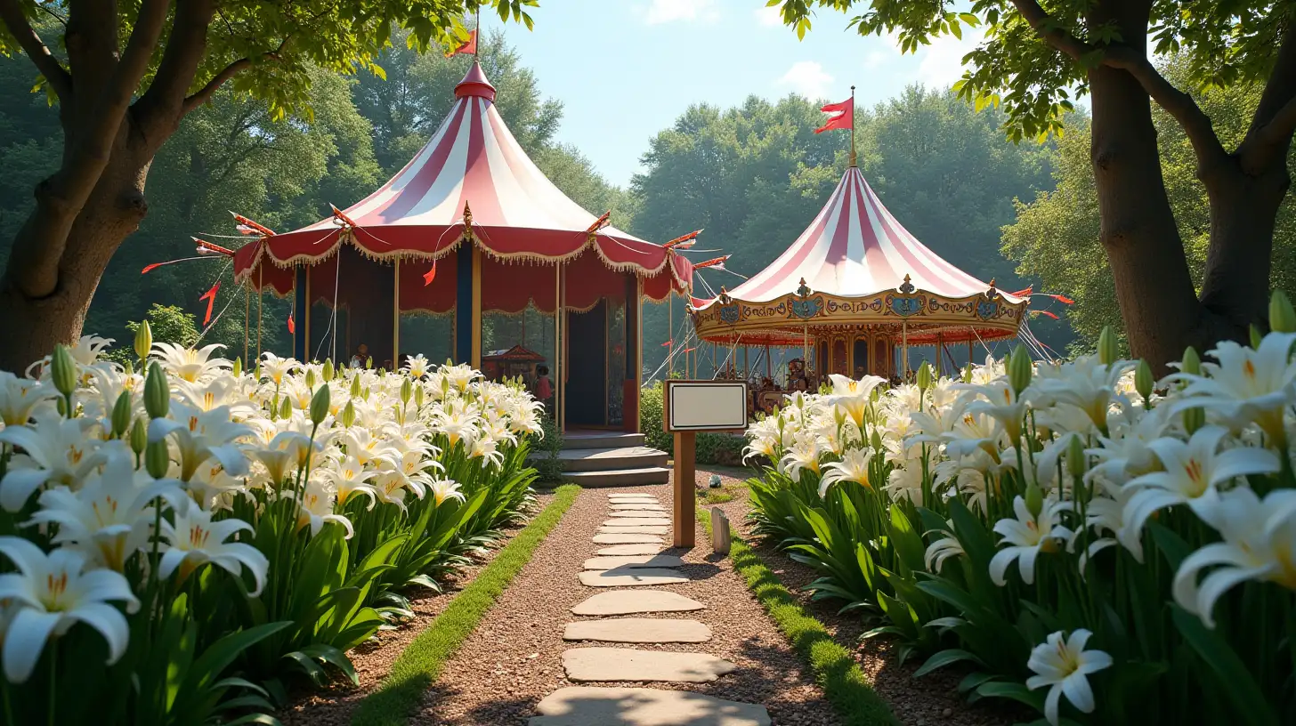 Enchanted Garden with White Lilies Circus Tent Carousel and Blank Sign