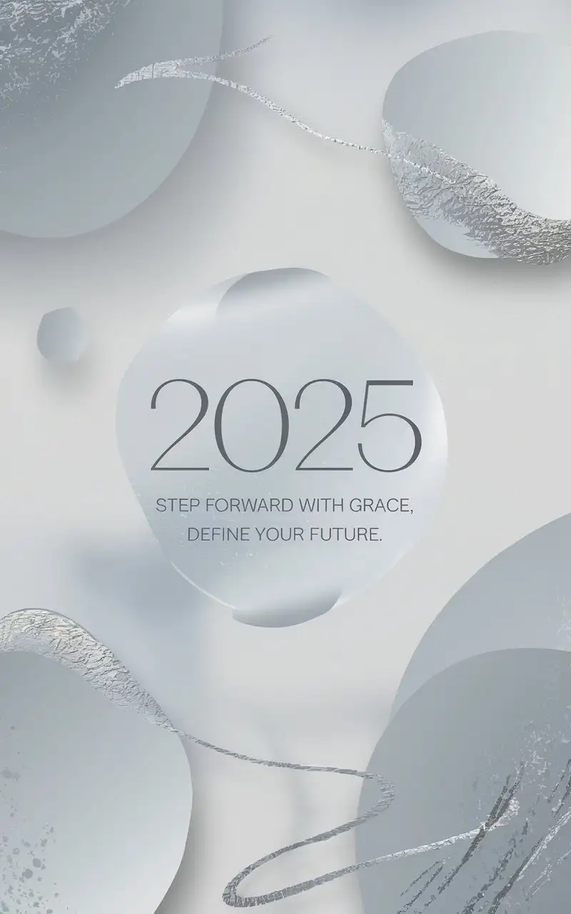 Design an art piece for the year 2025 with a soft, refined, and modern aesthetic using light blue-gray tones. The artwork should feature clean, minimalist elements, evoking a sense of calm and clarity. Use a subtle blend of muted blues, grays, and soft metallic accents like silver to create a sophisticated and soothing atmosphere. Incorporate delicate patterns or abstract textures to add elegance without overwhelming the design. In the center, include the title '2025' in a sleek, understated font, paired with an inspiring phrase like 'Step Forward with Grace, Define Your Future.' The design should radiate tranquility, confidence, and the idea of approaching the new year with both poise and purpose.