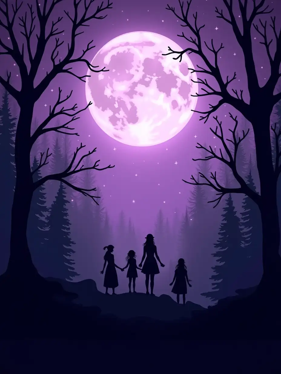 Celtic purple background, animated with an elf moon in the background, add forests, branches and silhouettes of elves. leave a shaded black space 1/4 down from the image