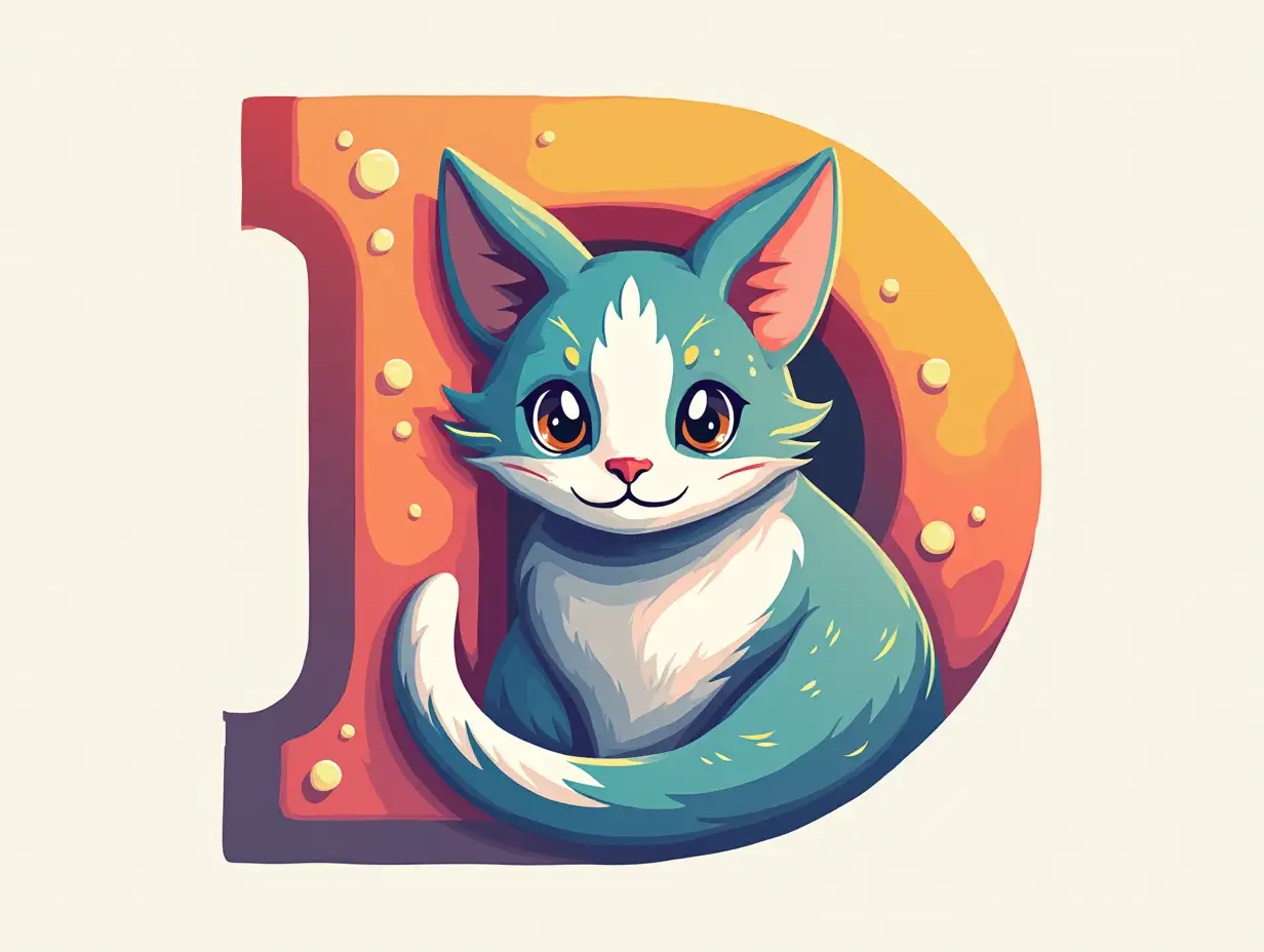 A logo that consists of the letter D and a cat. Colorful.