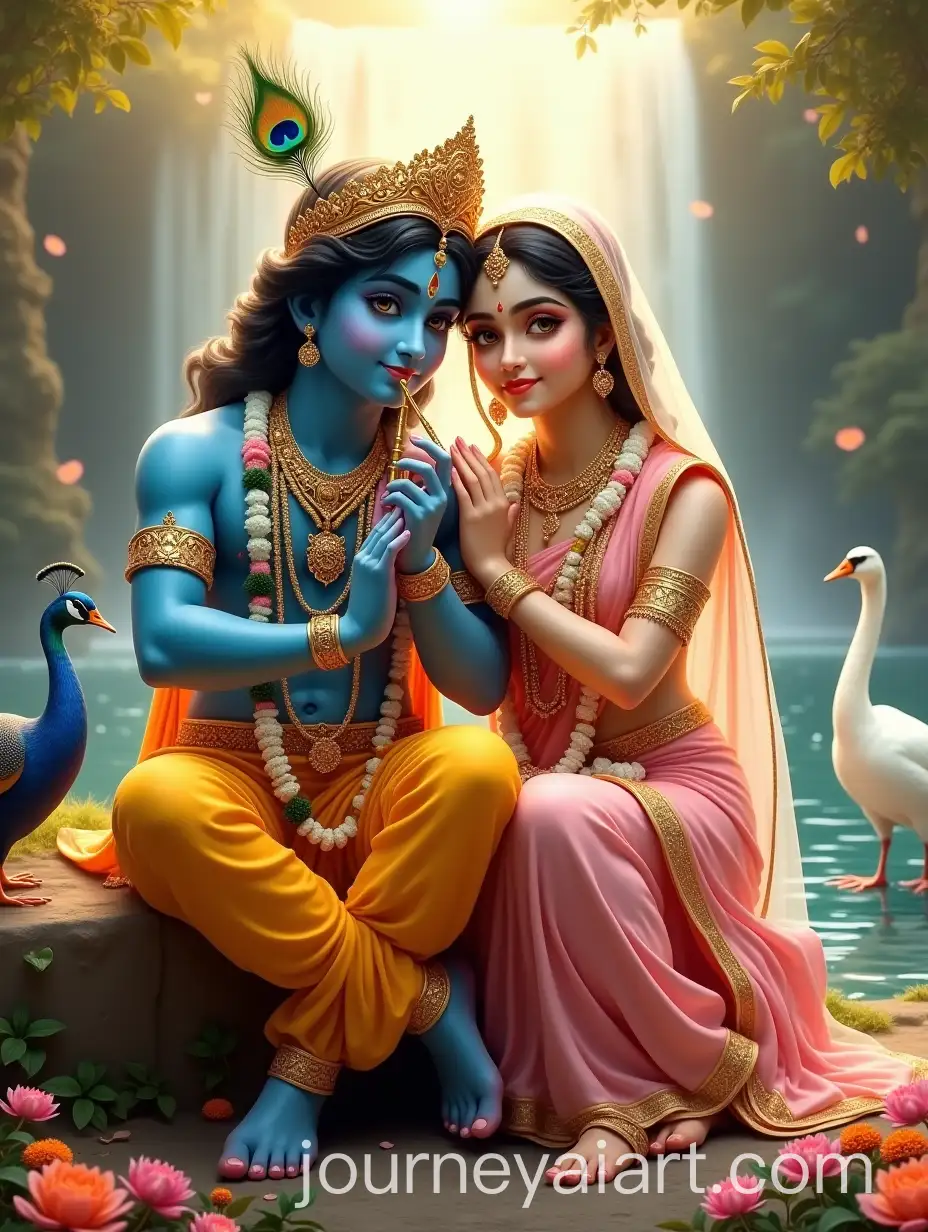 Divine-Radha-and-Krishna-in-Celestial-Harmony-by-Tranquil-Waterfall