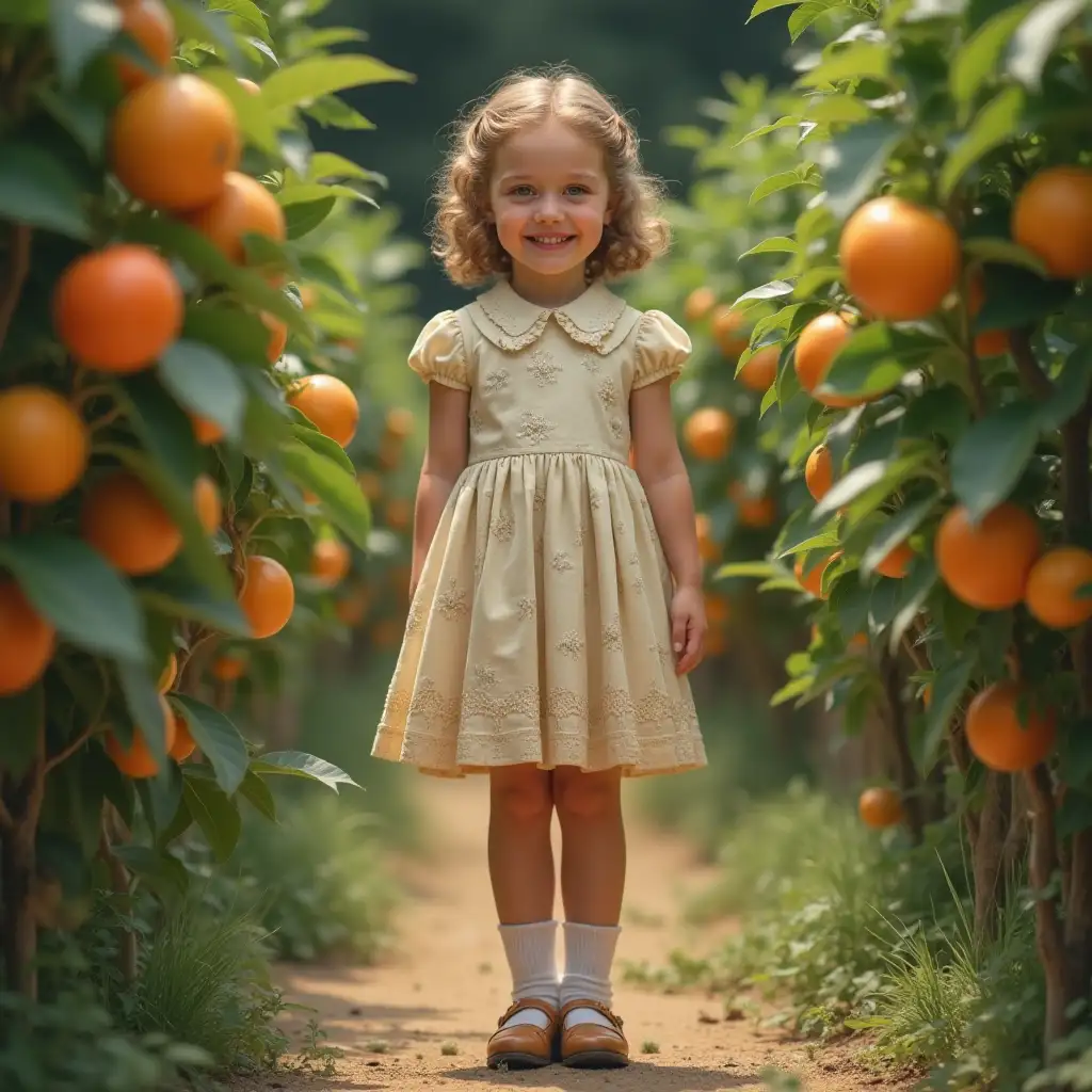 40's, beautiful girl, pretty face, smile, hairstyle of the 40's, age twelve years, vintage dress, white socks, shoes of the 40's, slender legs, summer, fruit garden, high detail, hyperrealism.