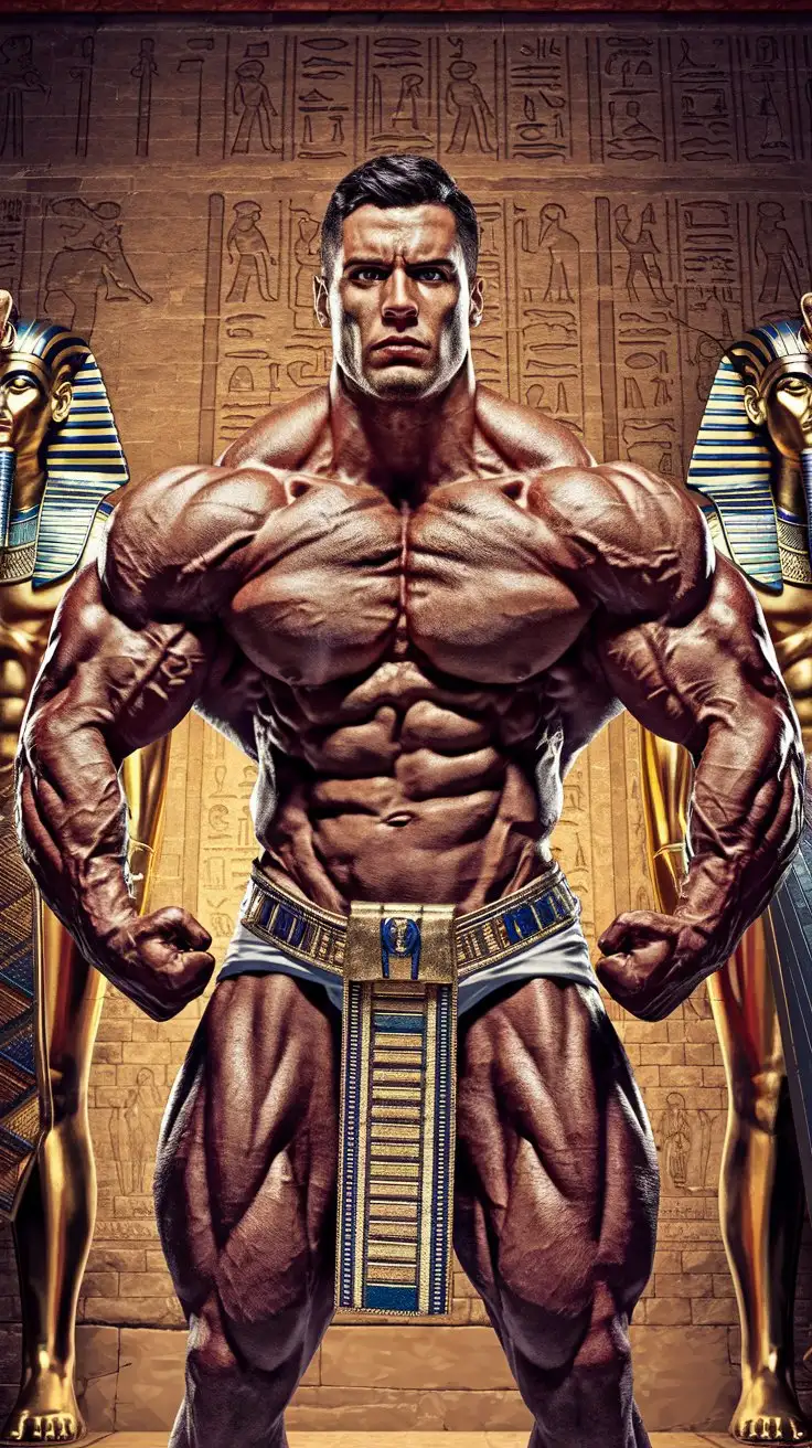Powerfully muscled, hugely ripped, pumped, bodybuilder musclegod reverently receives the powers of the ancient Pharaohs, becomes a mighty superhero. 24 years old. Photorealistic.