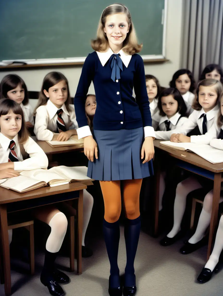 1972-Color-Photograph-of-French-Teacher-in-Formal-Outfit-with-Short-Skirt-and-Elegant-Stockings