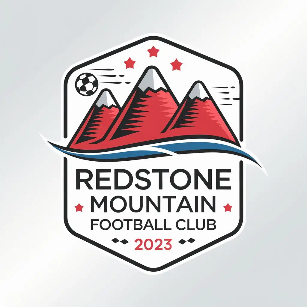 a vector logo design,with the text "REDSTONE MOUNTAIN FOOTBALL CLUB 2023", main symbol:3 red mountains with 3 white-capped peaks, 1 black and white soccer ball flying by, 5 stars in the sky, 1 river, overall shield-shaped pattern, simple sketch style,Minimalistic,be used in Sports Fitness industry,clear background