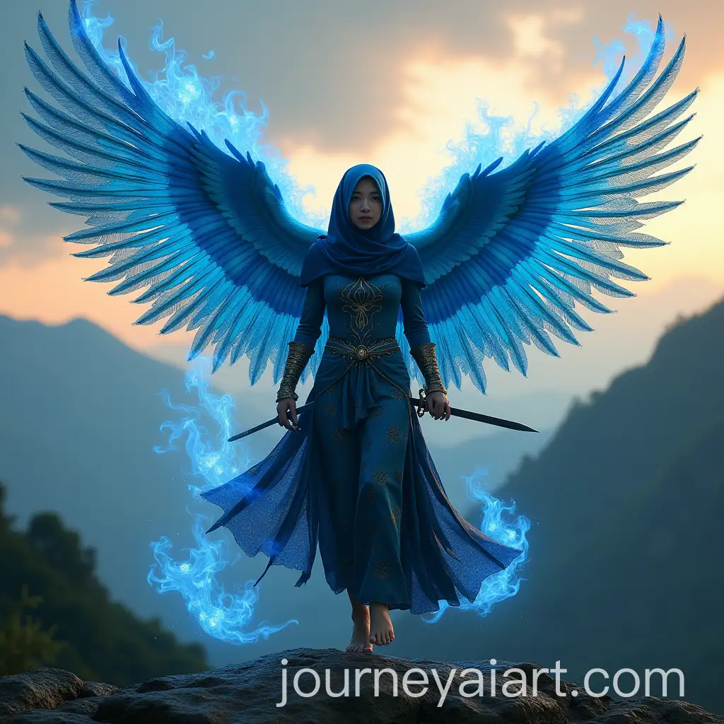 Asian-Woman-in-Hijab-with-Peacock-Feather-Wings-Flying-in-Batik-Clothes