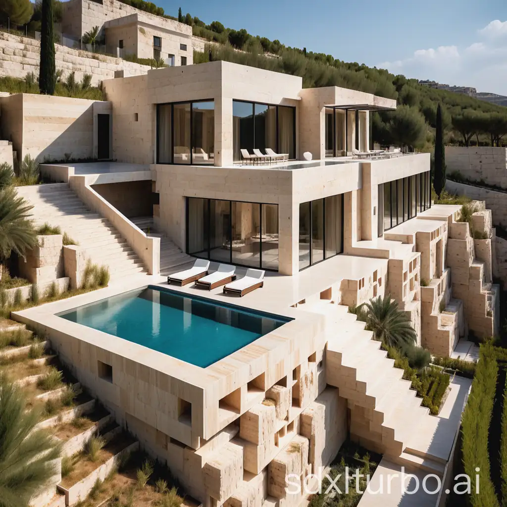 a two-story villa on a sloping land with a Mediterranean garden and incredible architecture made of raw travertine blocks, like a travertine quarry