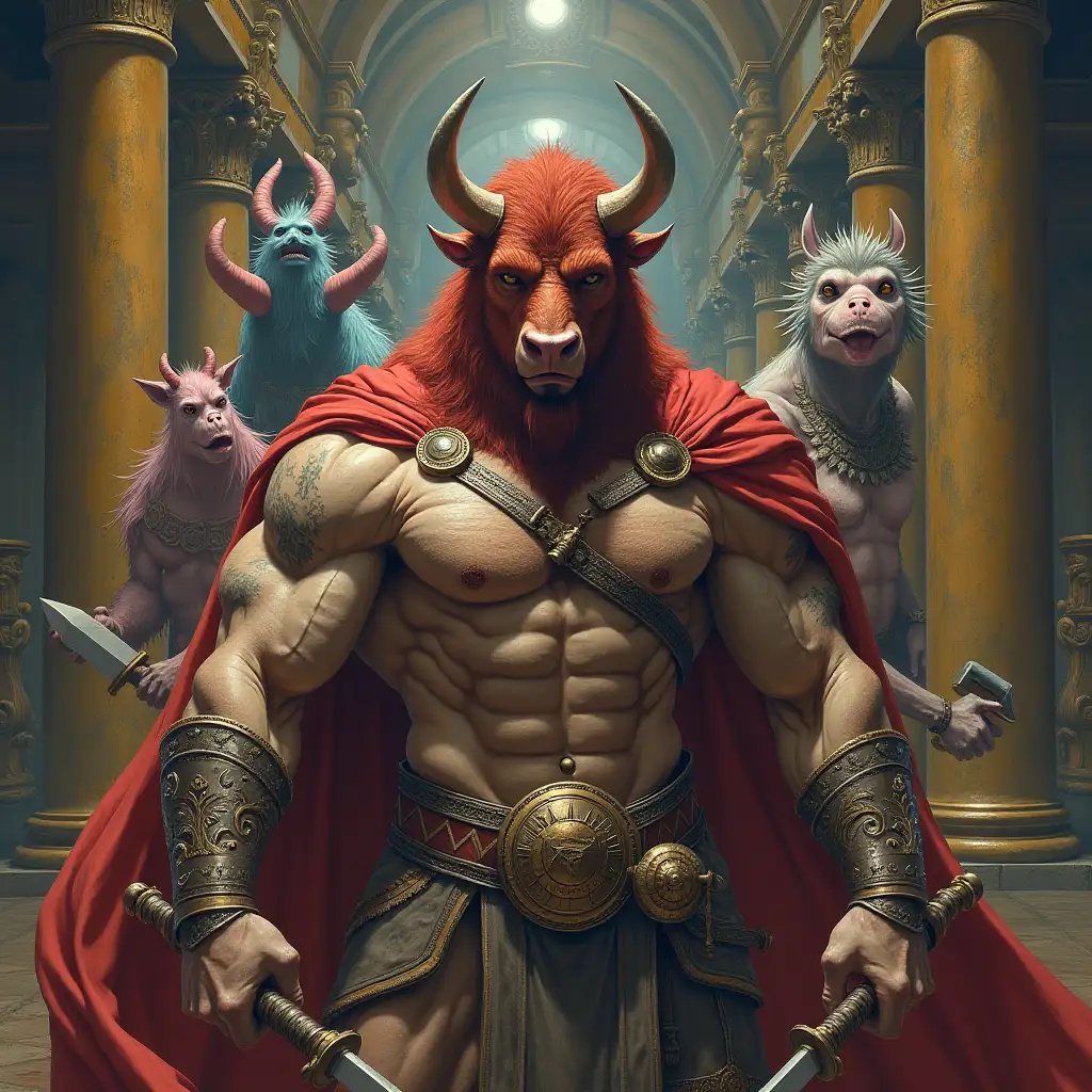 user_prompt: Ultradetailed hyperrealistic portrait of a bodybuilder with a bison head, reddish-gray speckled skin color with a sword and hammer in a palace with various strange beings with intricately detailed, colorful