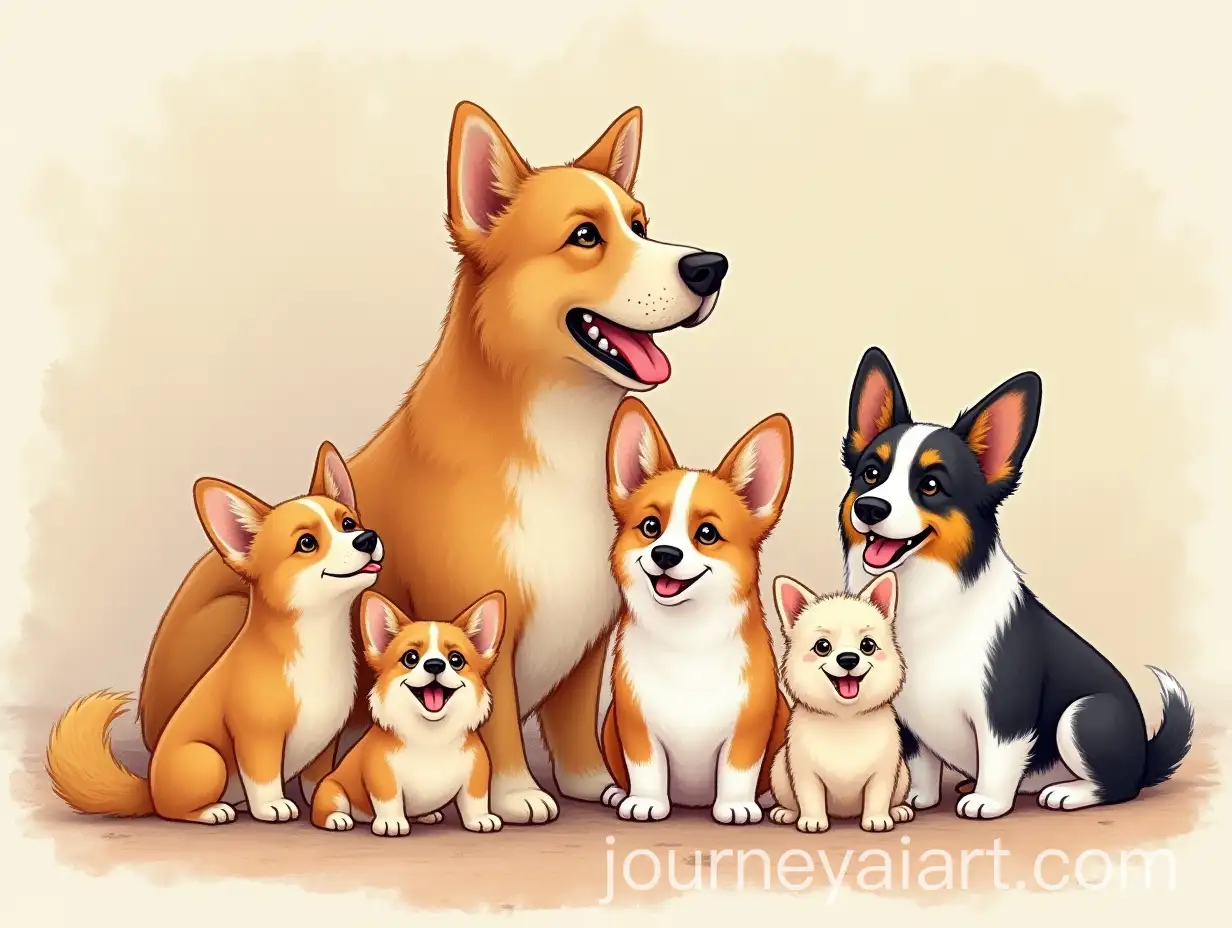 Six-Dogs-Posing-Happily-in-Cozy-Indoor-Setting-with-Soft-Pencil-Pastel-Drawing