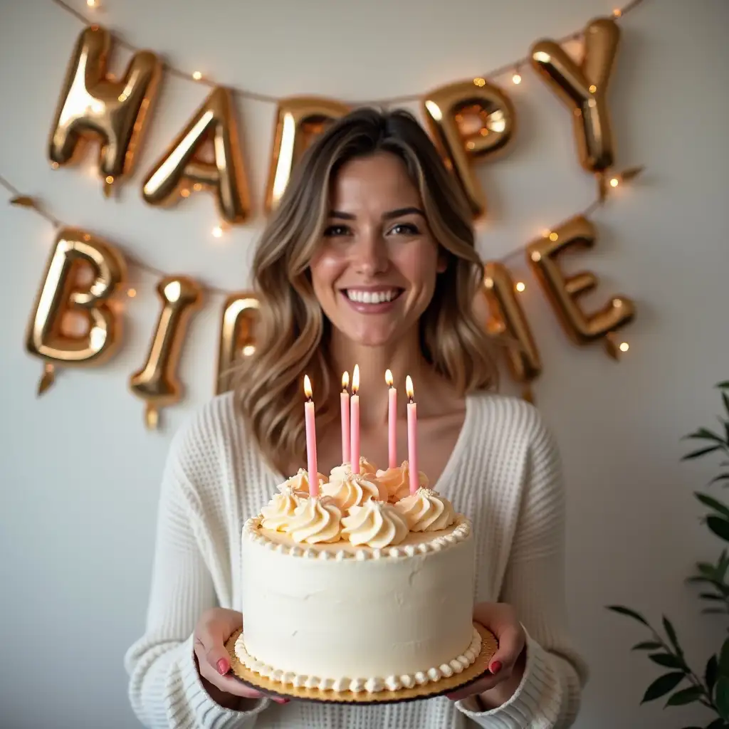 a woman holding a birthday cake, with a birthday decoration behind her