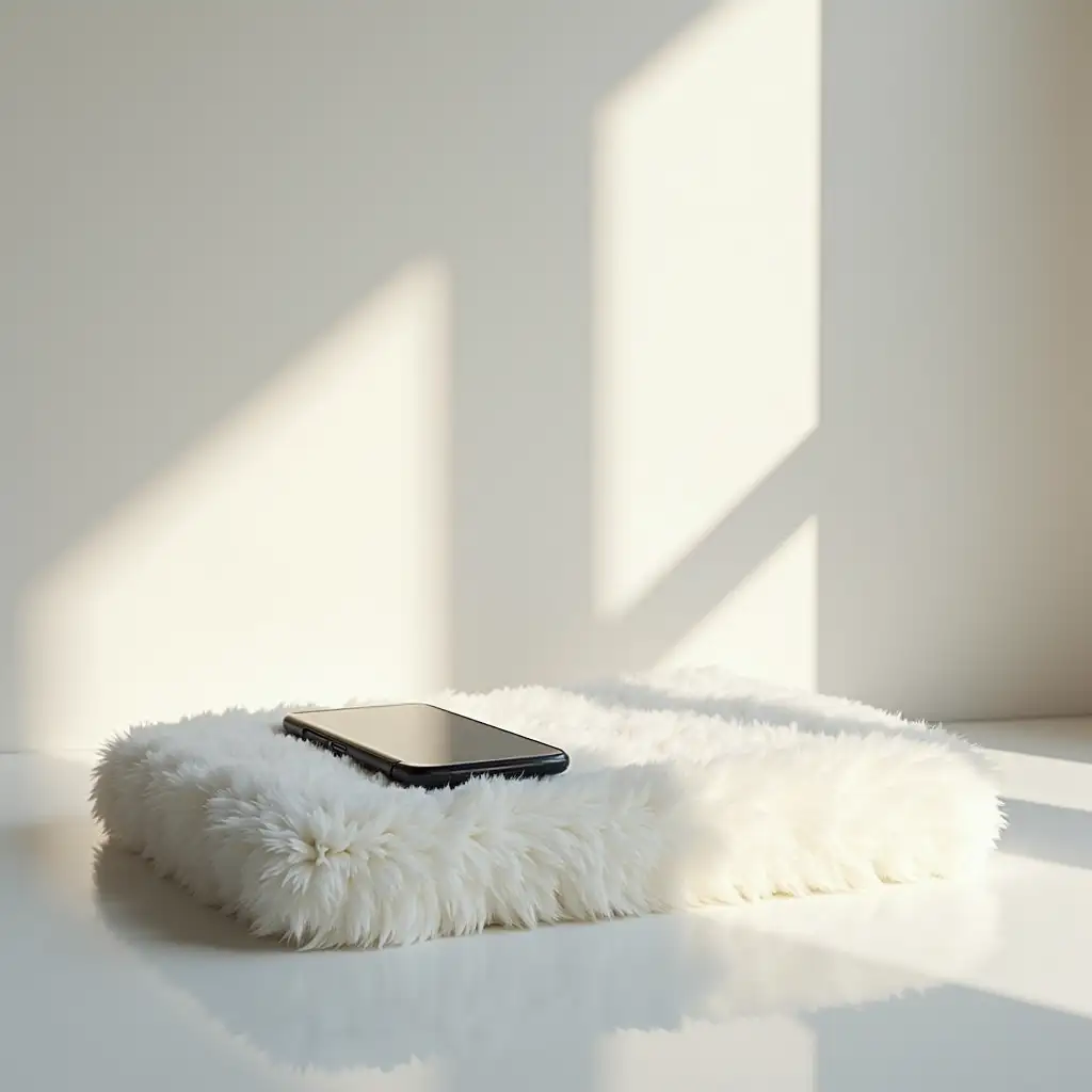 Soft-White-Plush-Sofa-with-Black-Phone-Under-Sunlight