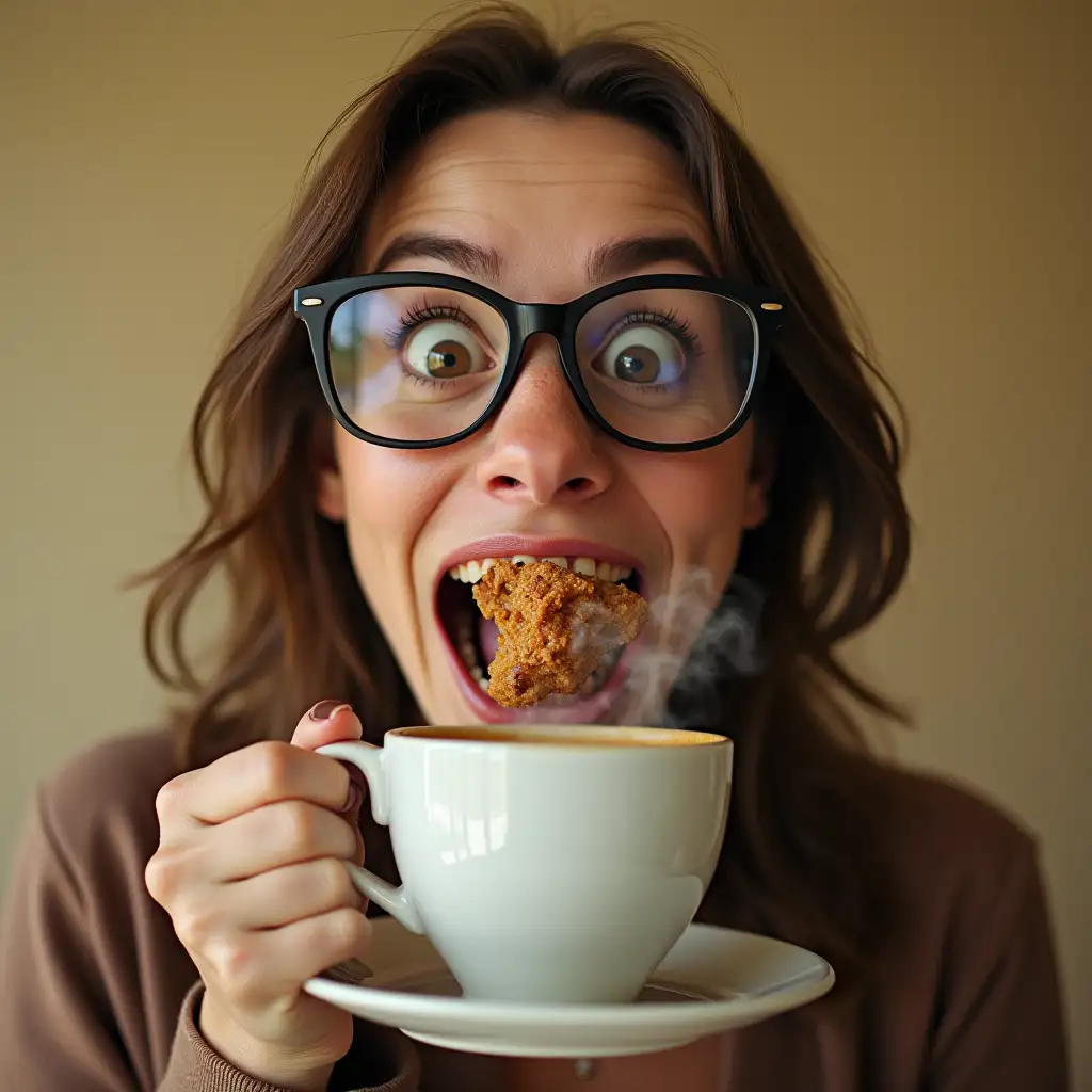 woman with glasses, protruding eyes, big nose, has a mouth full of food and in her left hand she holds a steaming cup of coffee with milk