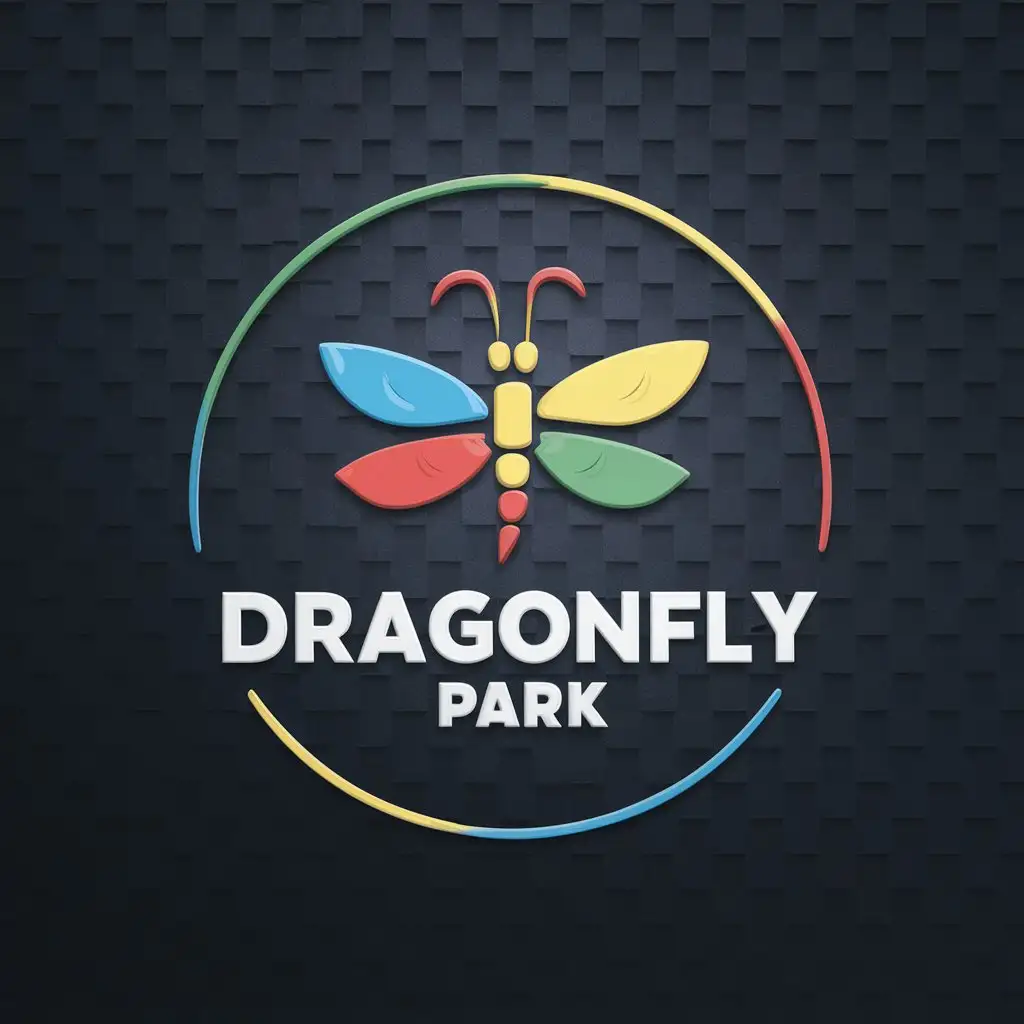 LOGO Design For Dragonfly Park Colorful Dragonfly in Circle on Dark 3D Black Background