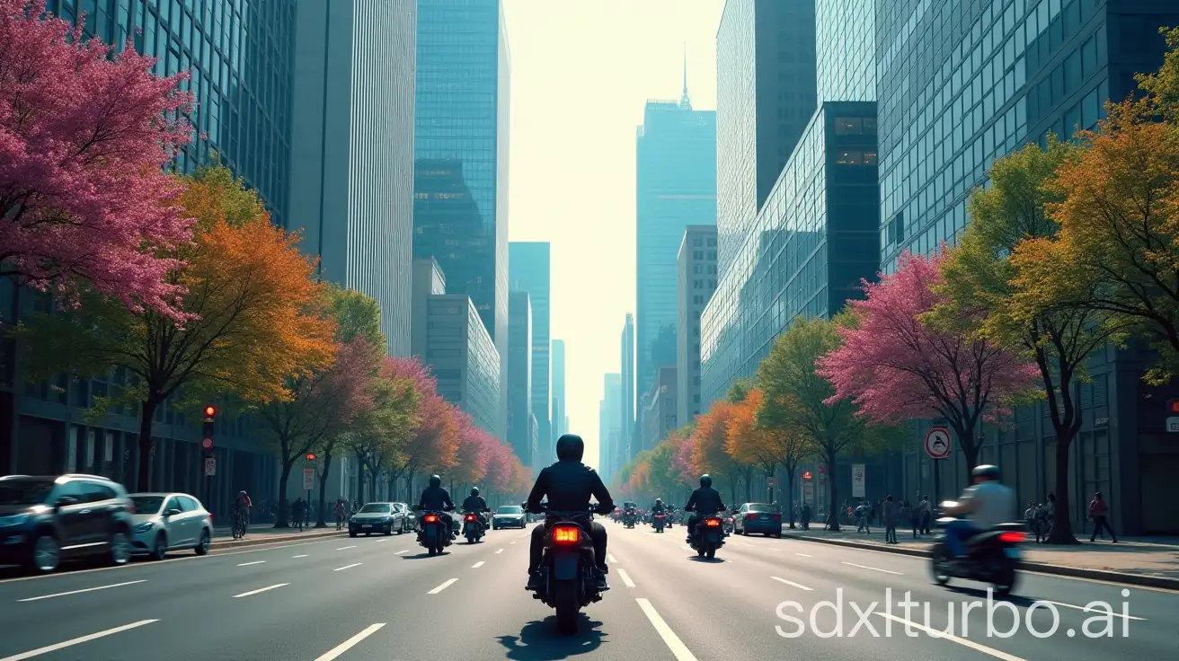 Urban-Motocyclists-Riding-Amidst-Blooming-Trees-and-Modern-Skyscrapers