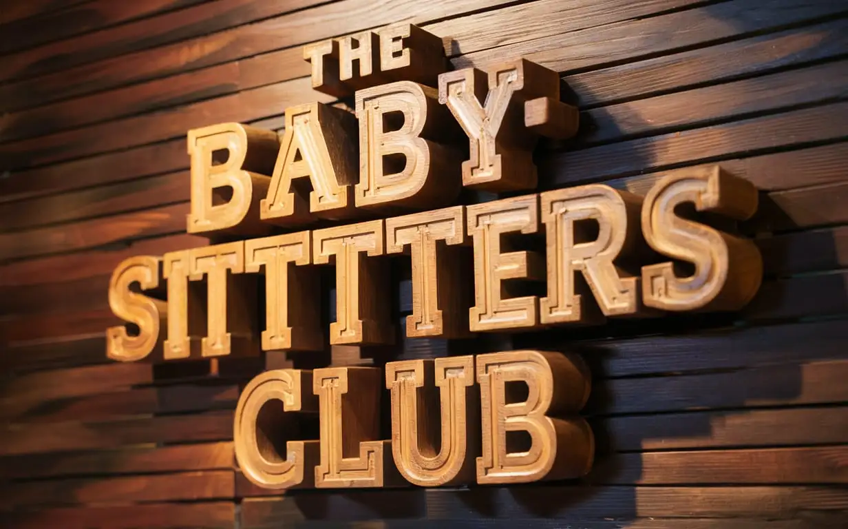 Cinematic-Scene-Nostalgic-Wooden-Sign-of-The-BabySitters-Club-Logo