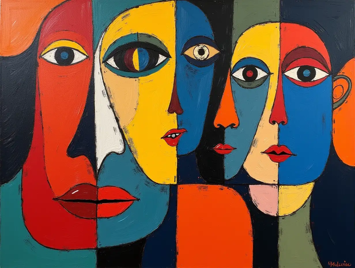 Picture in a grid of faces in the style of Kandinsky, Malevich, minimalism, simplified for a beginner artist with acrylics many colors, constructivism abstract