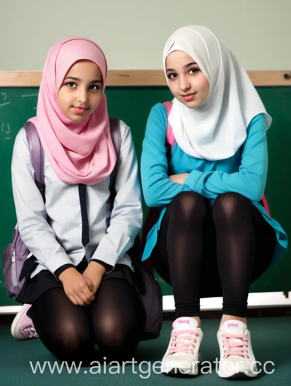 Okul eteği, siyah külotluçorap, spor ayakkabı giyen 12 yaşında 2 girls, sınıfta, eğiliyor, wears hijab, plump lips, cute face, 