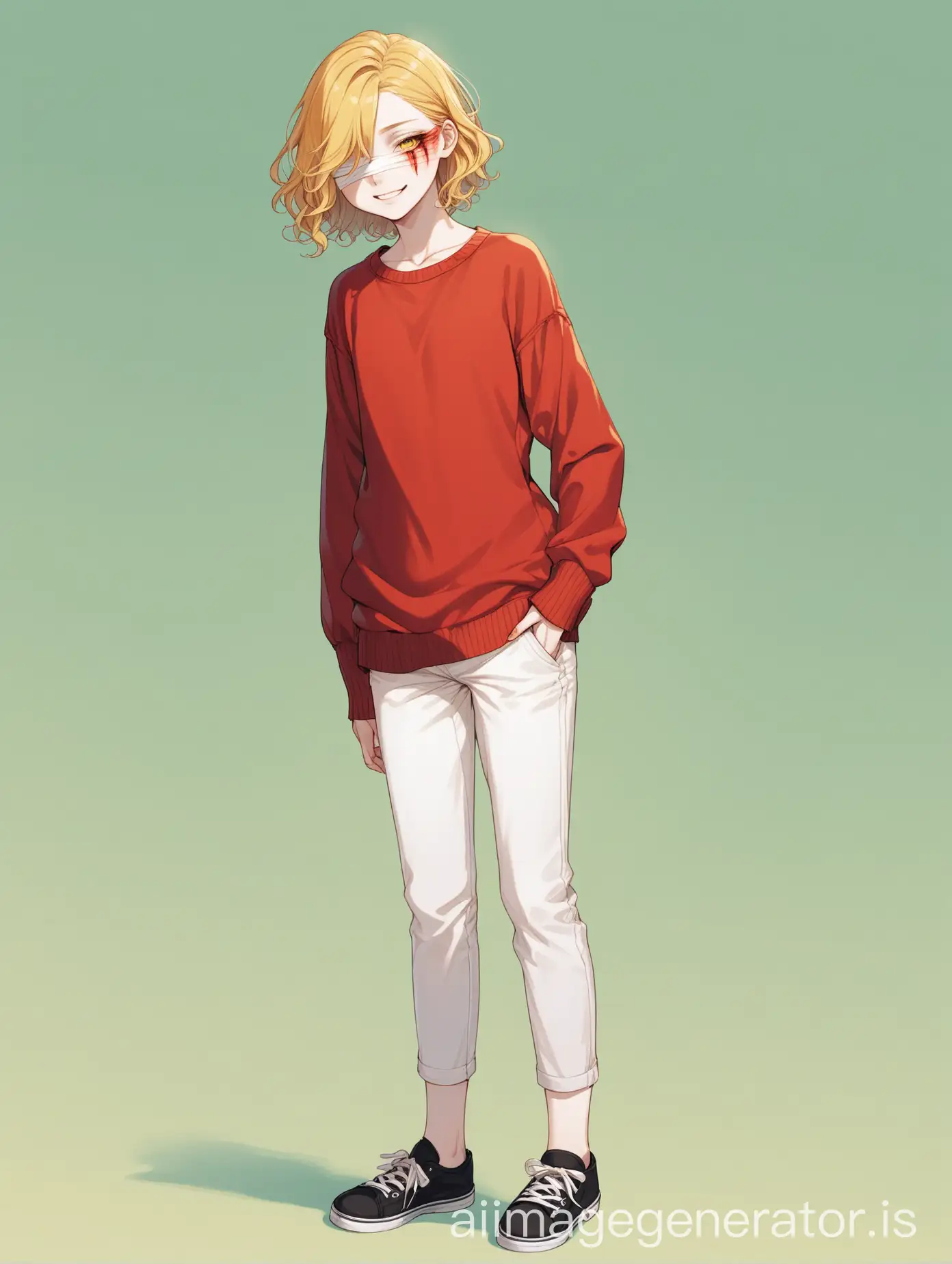 Androgynous-Adolescent-with-Bandaged-Eye-and-Fake-Smile-in-Casual-Outfit