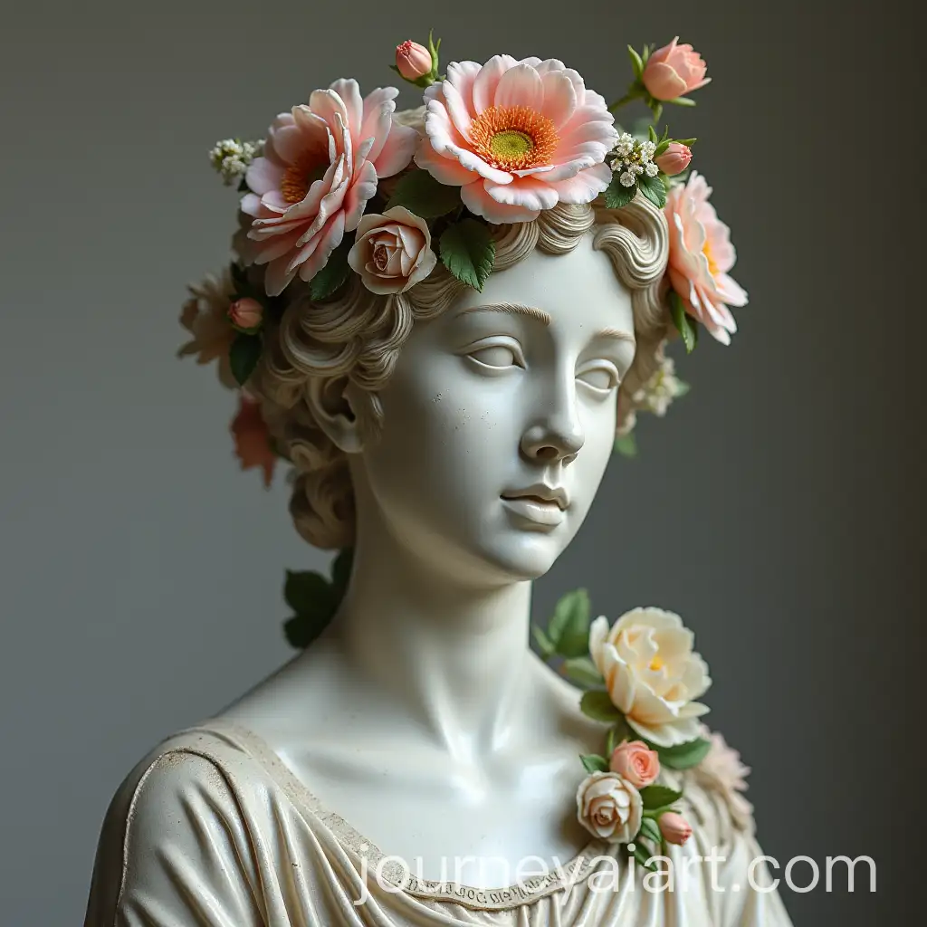 Broken-Greek-Female-Statue-with-Blooming-Flowers