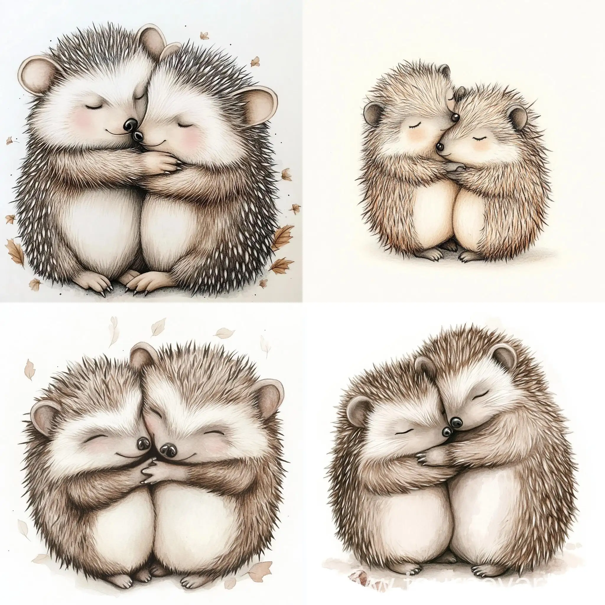 Sweet-Cartoon-Hedgehogs-Hugging-Pencil-Drawing-with-High-Detail-and-Watercolor-Effect